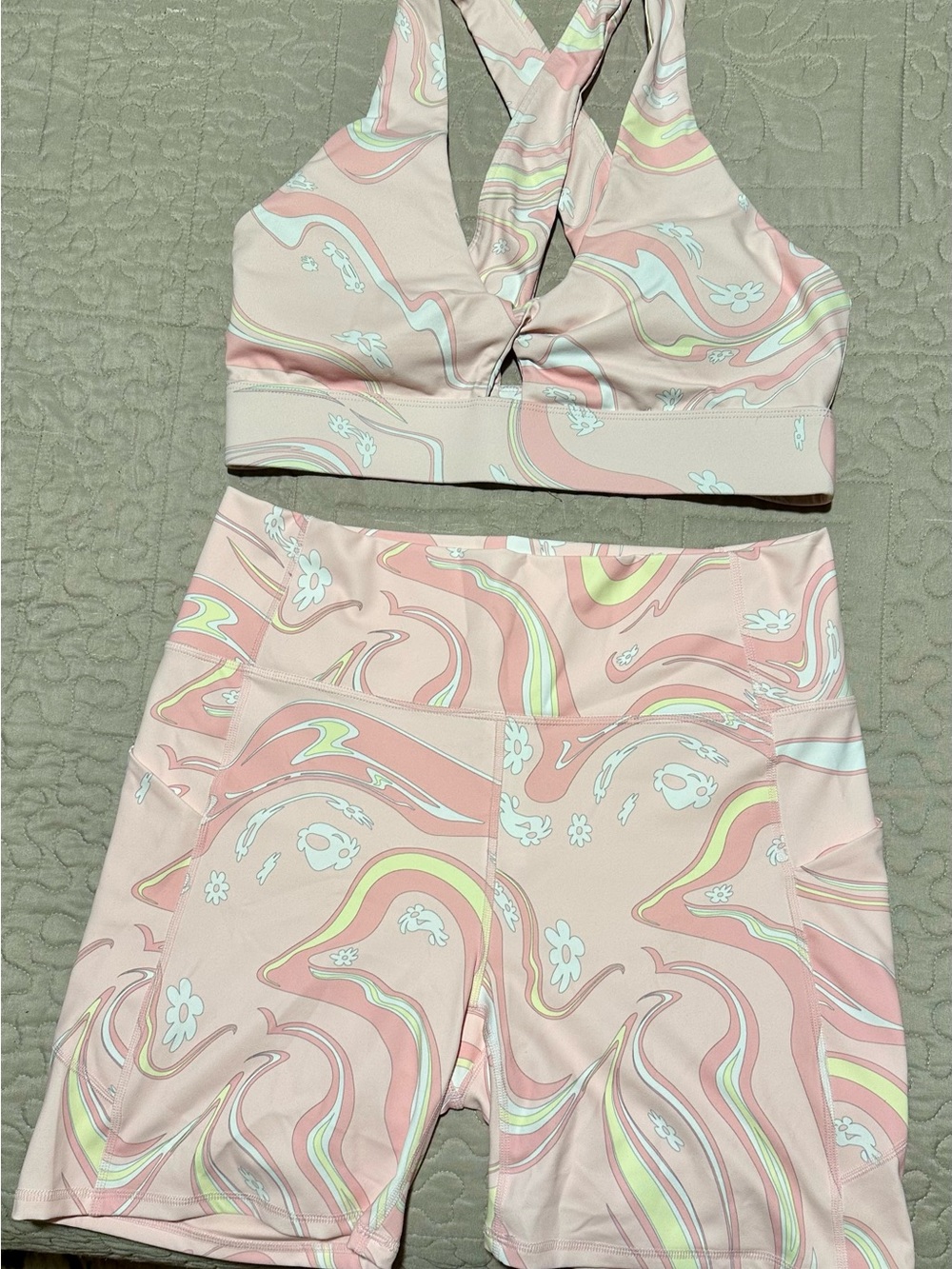 Fabletics Pink Pastel Swirl Sports Bra & Bike Shorts Set
